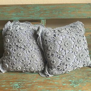 Keeco Crochet Lace Accent Pillows Dusty Blue 18” Squares 100% Cotton